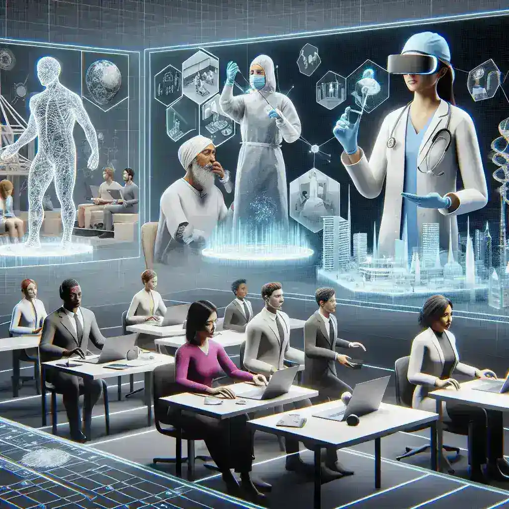 "Estudiante utilizando una plataforma de aprendizaje inmersivo en realidad virtual para formación profesional, mostrando un entorno virtual interactivo que simula situaciones laborales reales."